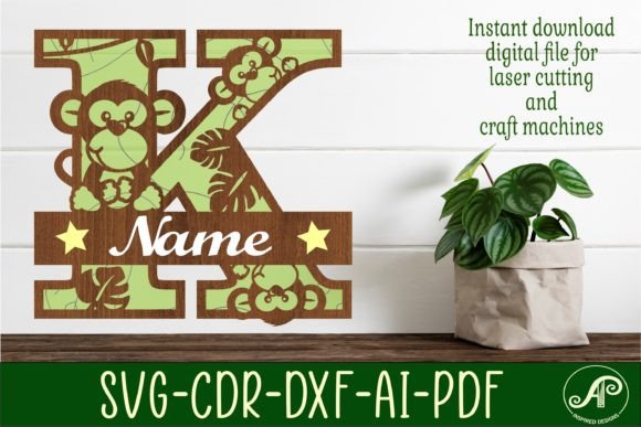 Monkey Capital Monogram Letter K SVG for Laser Cut Designs